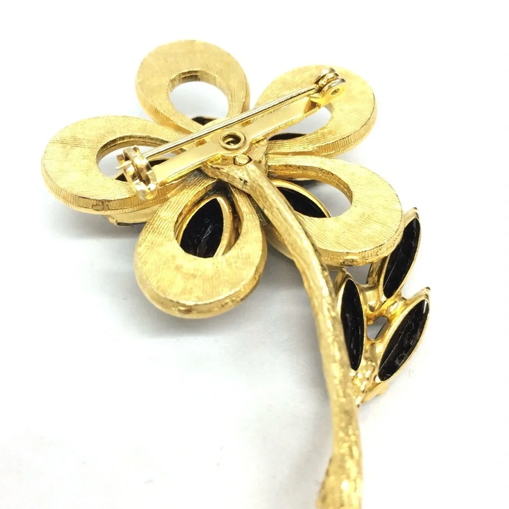 !!SOLD!! VINTAGE BLACK RHINESTONE FLOWER BROOCH PIN GOLD TONE - Picture 13 of 17